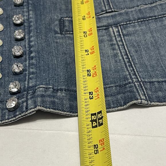 Chicos Platinum Denim Jacket Womens 3 Embellished Open Front Cuff Sleeves Pearls - Picture 10 of 10